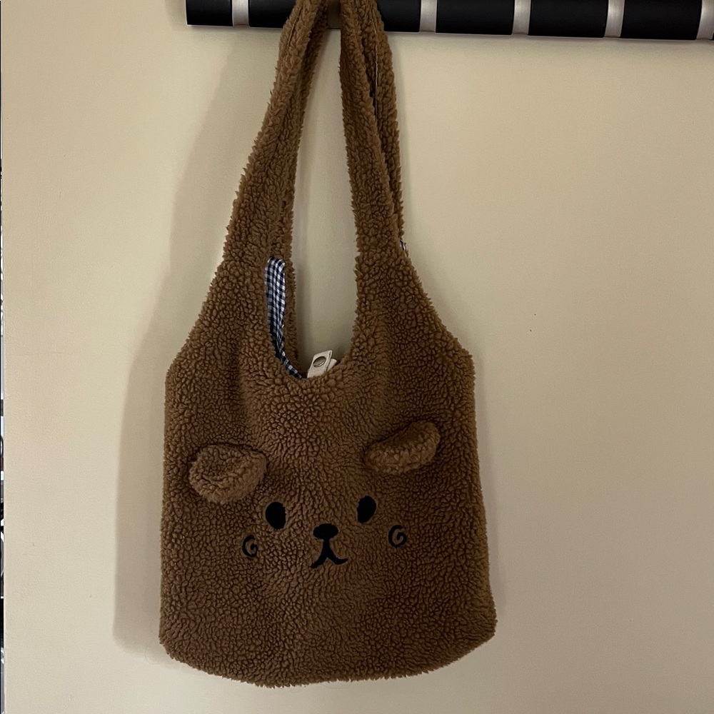Brown Teddy Bear Sherpa Tote Bag with snap closure and inner pockets